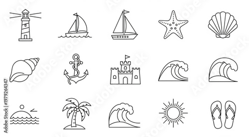 Collection of beach and summer themed line art icons for design.