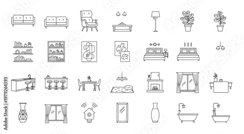 Collection of various line art drawings of furniture and home decor items for interior design.