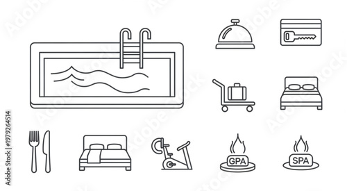 Hotel amenities and services outlined in simple black and white illustrations.