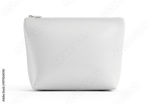 Isolated blank white cosmetic pouch with zipper, empty toiletry bag mockup for makeup accessories, branding template