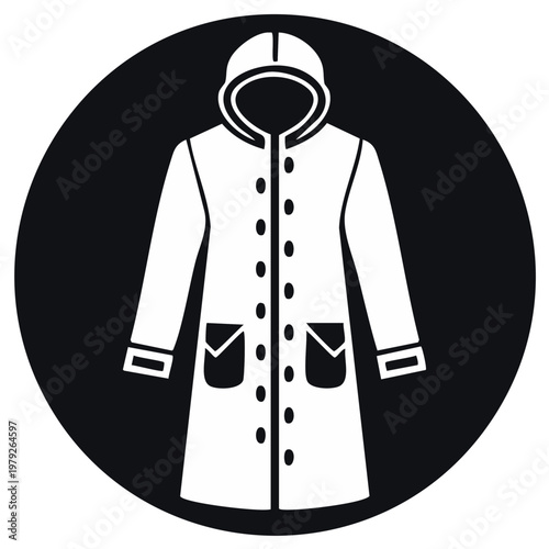 Isolated coat icon, outline style, fashion clothing, outerwear, white rainproof raincoat with hood, apparel, winter garments