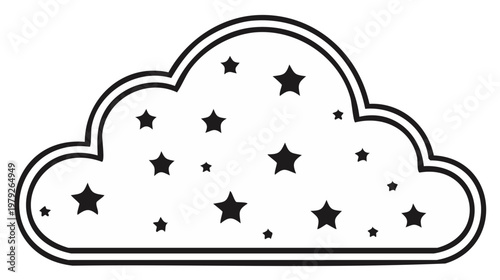 Cloud shape silhouette with various star shapes inside, simple design illustration.