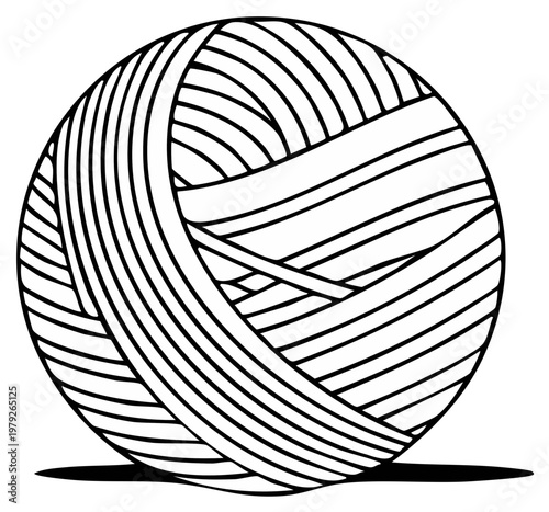 Hand drawn illustration of a round ball of yarn with striped texture and shadow
