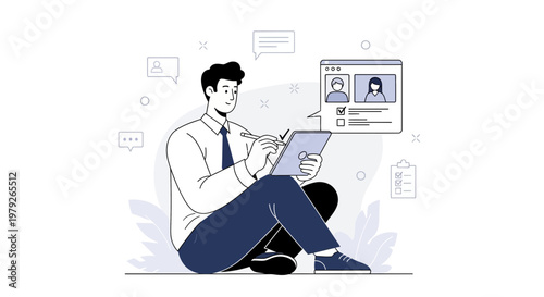 Man Using Tablet for Online Survey or Job Application with Profile Selection