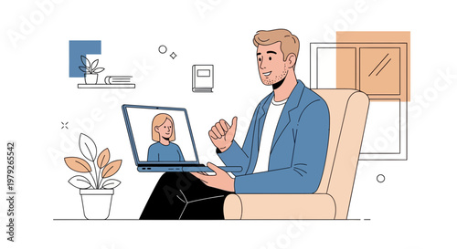 Man Video Calling Friend on Laptop While Relaxing in Armchair at Home