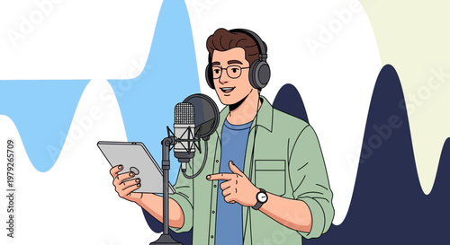 Man with headphones and tablet recording audio with microphone, podcasting concept
