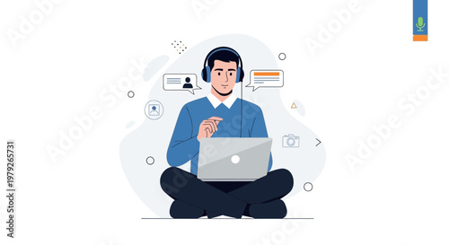 Man with headphones on laptop, online communication, remote work, digital nomad lifestyle