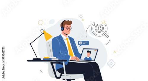 Man with Headphones on Video Call, Working Remotely, Online Recruitment Concept