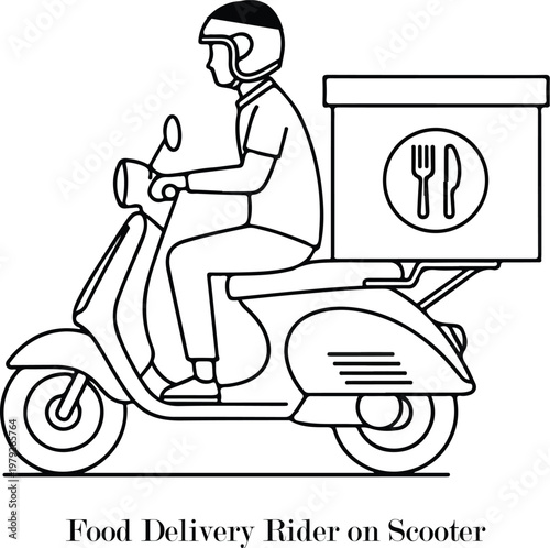 A vintage red moped illustration of a man riding a retro motor scooter for fast delivery and urban transportation travel