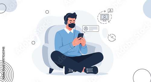 Man with mask and headphones using smartphone, online communication concept