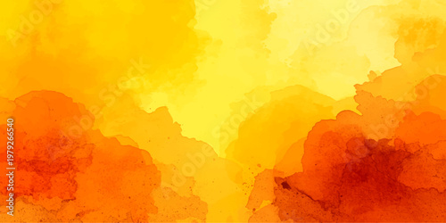 Vibrant red and yellow watercolor fire background with grunge paper texture and autumn orange fall leaves for a vintage nature art wallpaper design