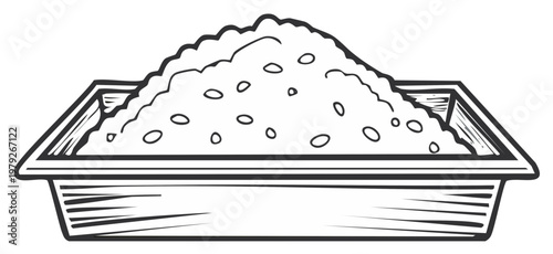Black and white line drawing illustration of a sandbox filled with sand