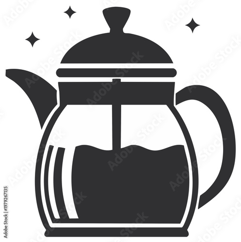 Black silhouette icon of a sparkling French press coffee maker with liquid inside