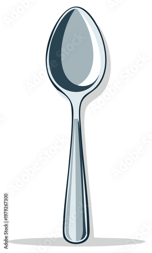 Simple vector illustration of a single shiny metal spoon for dining and kitchen concepts
