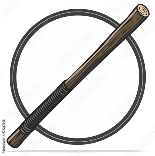 Wooden martial arts staff symbol with prohibition circle illustration