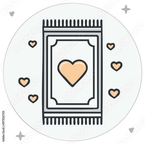 Islamic prayer rug decorated with a heart symbol and small hearts scattered around for worship and devotion