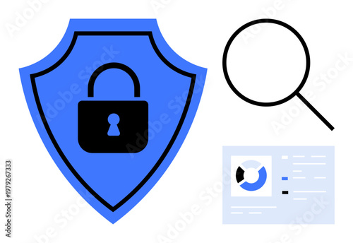 Cybersecurity concept. Shield with lock data protection, magnifying glass highlights security assessment, and data chart s secure information visualization. For IT, business, fintech, analysis, apps