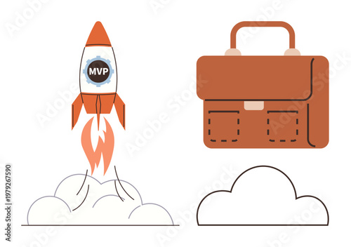 Business growth, entrepreneurship, startups, innovation, productivity, project management. Rocket with MVP logo launching, brown briefcase on white background. Business growth and entrepreneurship