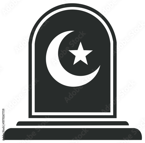 Black and white tombstone with Islamic crescent moon and star religious symbol