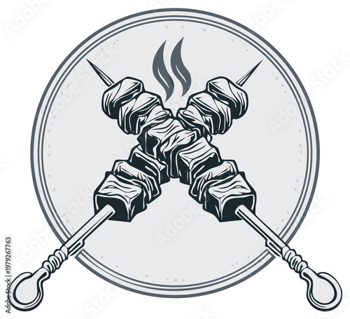 Grilled Meat Skewers Illustration with Smoke, Circle Frame Food Emblem, Barbecue Meat on Sticks, Charcoal Grill Graphic Design
