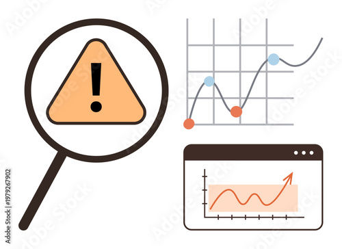 Risk analysis, financial trends, business forecasting, data monitoring, analytics, decision-making. Magnifying glass over warning sign with charts and graphs. Risk analysis and financial trends