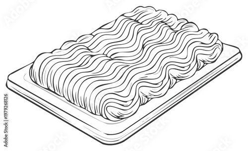 Raw meat cutlet on tray illustration stylized black and white outline