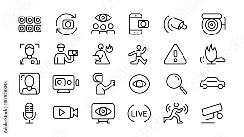 Surveillance monitoring line icon set. Vector pictograms of cctv, dome, detection, remote access, alert, intrusion warning, security, guard, thin linear illustration.