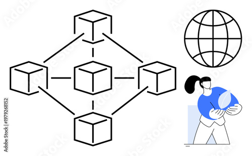 Blockchain technology, sustainable development, eco solutions, global network, digital security, decentralized systems. A blockchain diagram, globe symbol and a person holding a leaf. Blockchain