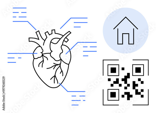 Healthcare, technology, diagnostics, education, medical research, smart homes. Line art heart diagram with labels, QR code home icon. Healthcare and technology integration concept