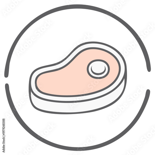 Outline vector illustration of a fresh beef steak piece in a modern round frame