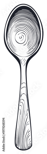 Black and white line art illustration of a single spoon with wood grain texture