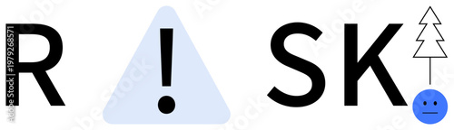 Safety, warning, caution, risk management, danger awareness, hazard. The word risk with a warning triangle, an exclamation point and minimalist tree and face symbols. Safety and warning concept