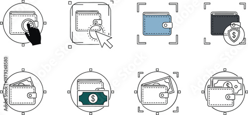 Secure Digital Wallet and Online Payment Icon Set Featuring Currency Transactions, Point and Click Shopping, Personal Finance Management, and Electronic Banking Security Symbols for Web Design
