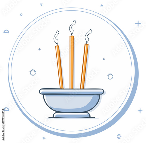 Vector illustration of aromatic burning incense sticks in a bowl for spiritual meditation