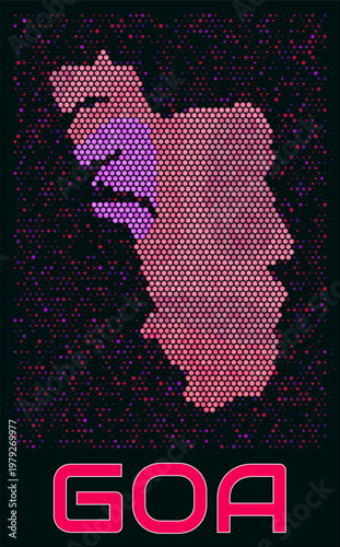 Goa digital style hexagon map. Vibrant magenta purple pink neon dotted shape. State tiny bright hexagon cells. Goa honeycomb map design. Awesome Vector Illustration.