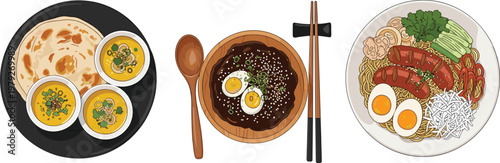 Flat vector Asian food bowls set featuring ramen curry noodles and assorted toppings traditional cuisine illustration isolated on light background collection