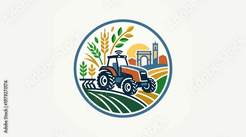 Circular Logo of Tractor with Agricultural Elements