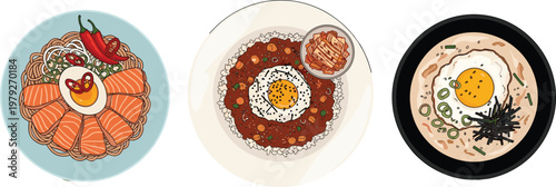 Flat vector Asian cuisine dishes collection featuring ramen bibimbap and salmon sushi bowls traditional food illustration isolated on light background set