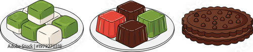 Colorful assorted dessert vector illustration featuring jelly cubes, chocolate puddings, and cake on plates isolated on clean background