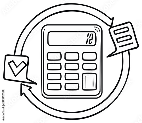 Calculator with Document and Check Mark in Circle Arrows Line Drawing Illustration
