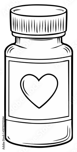 Bottle of Pills with Heart Shaped Symbol for Health or Love Remedy Black and White Line Art