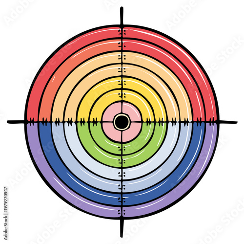 Colorful concentric circles target with rainbow color segments and crosshairs graphic