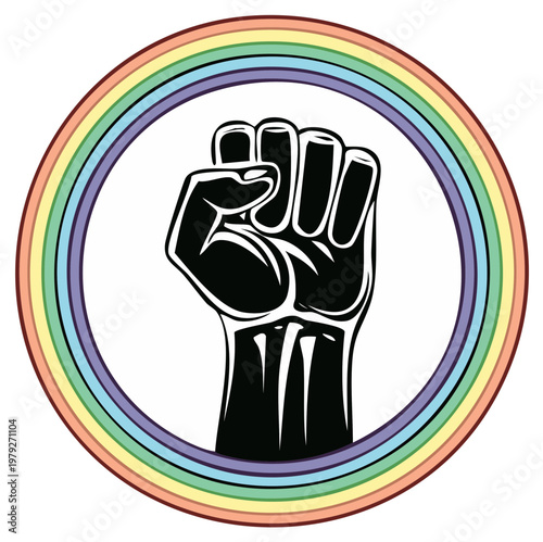 Raised Fist Symbol Inside Rainbow Circle Pride and Activism Graphic