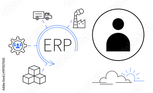 Business management, supply chain optimization, manufacturing processes, user data interaction, resource planning, cloud solutions. ion of ERP workflow elements and logistics symbols. Business