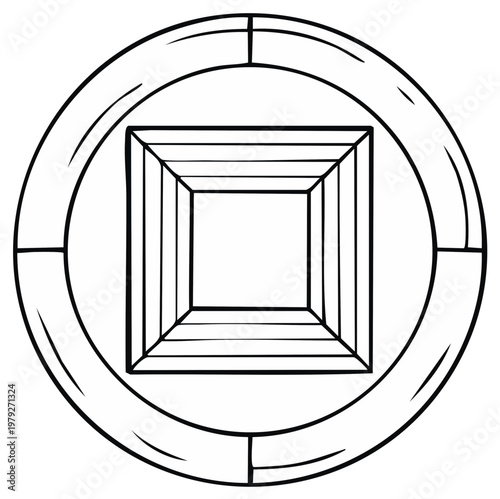 Outlined coin icon a square central hole symbolizes money or history