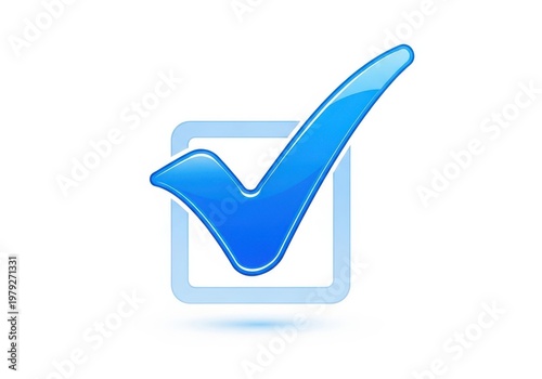 Blue glossy check mark symbol in frame isolated on white background for success and voting.