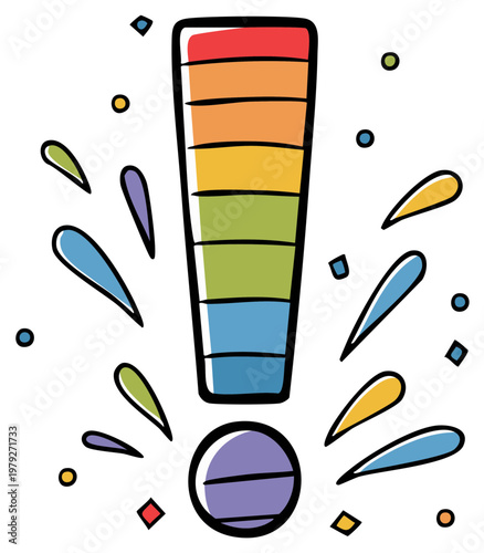 Colorful Rainbow Exclamation Mark with Bursting Confetti and Splashes Illustration