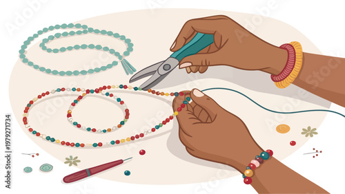 Hands assembling colorful beads into bracelets with pliers on a table