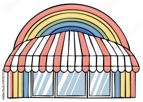 Whimsical shopfront adorned with a vibrant rainbow and striped awning evoking joy and fantasy