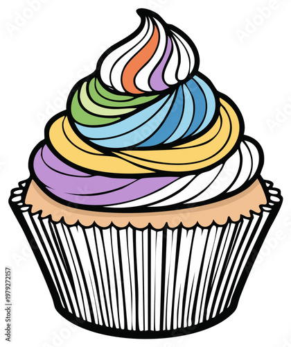 Colorful cartoon cupcake with rainbow frosting swirl, vector illustration.